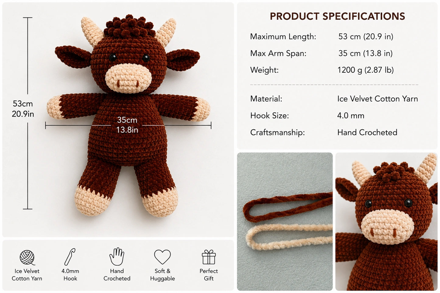 Size and material details of handmade crochet Highland cow plush toy