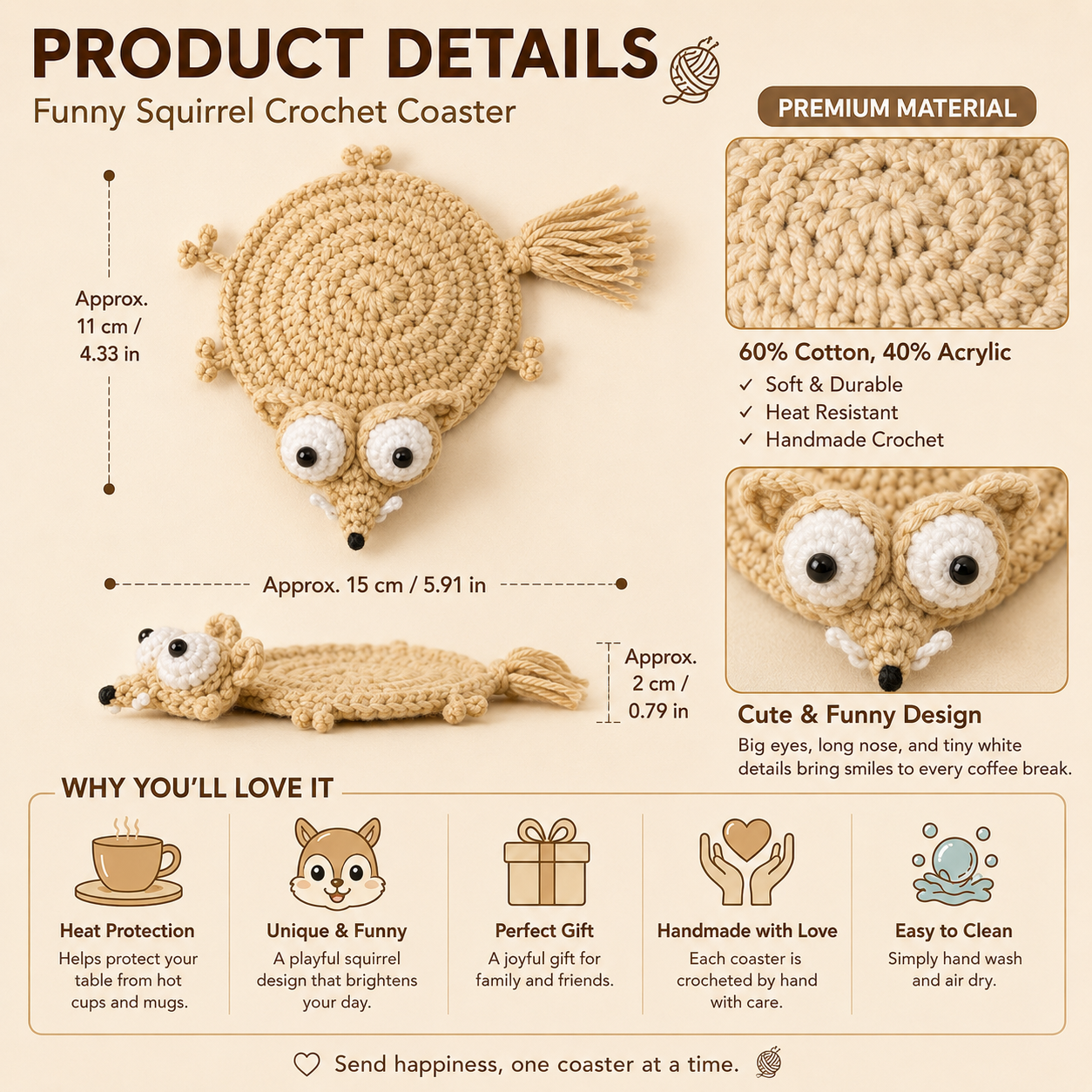 Product details of handmade funny squirrel crochet coaster with size, material, and features