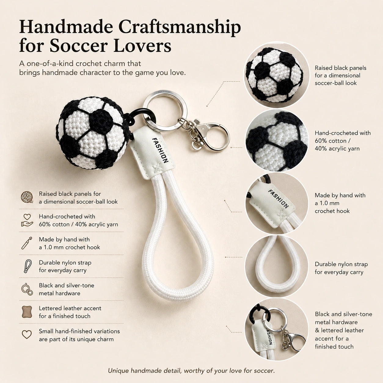 Handmade crochet soccer charm with cotton acrylic yarn and durable hardware