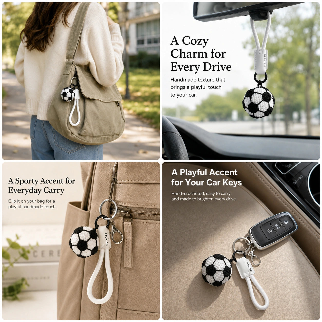 Crochet soccer keychain shown on bags, car mirror, and car keys