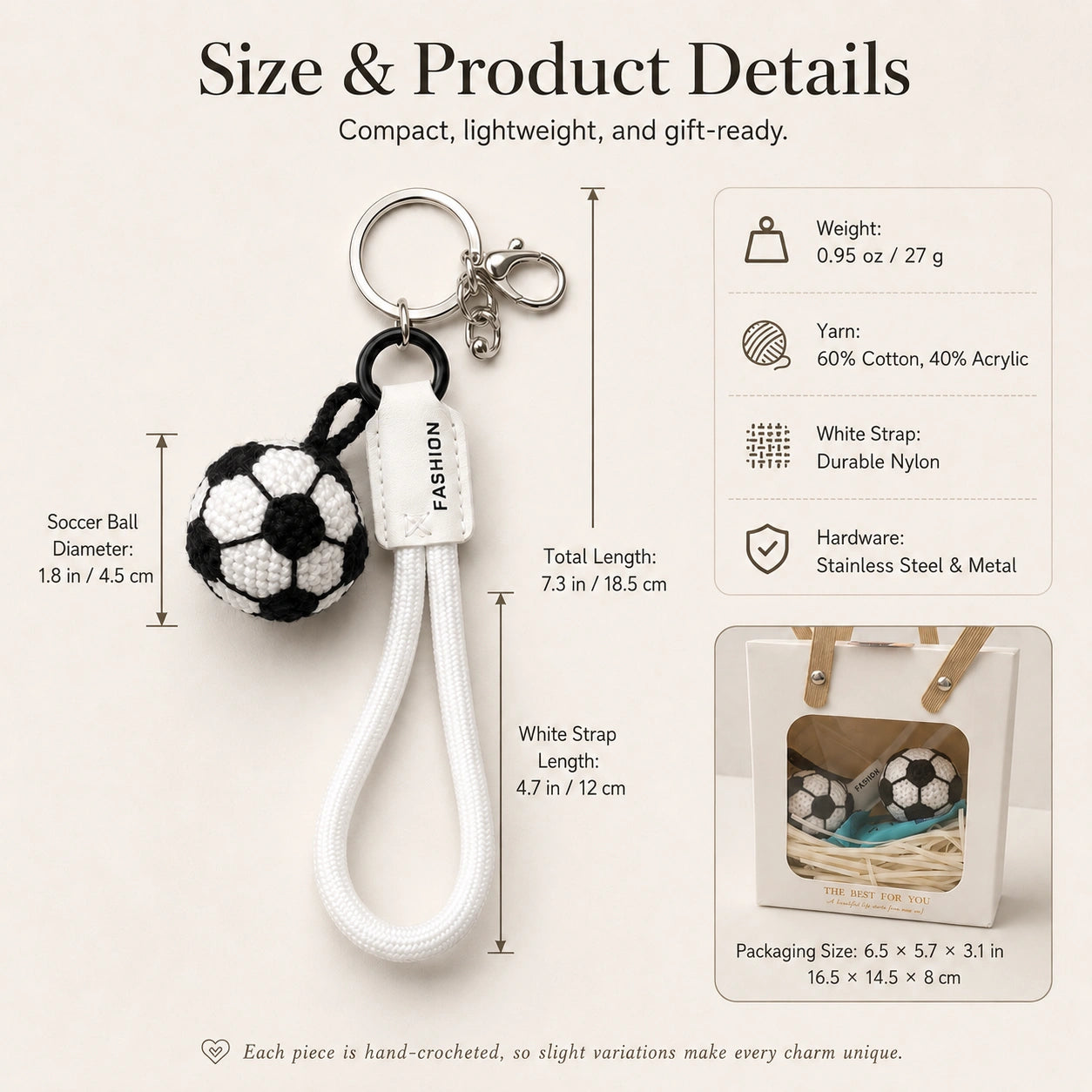 Crochet soccer ball keychain size, weight, material, and packaging details