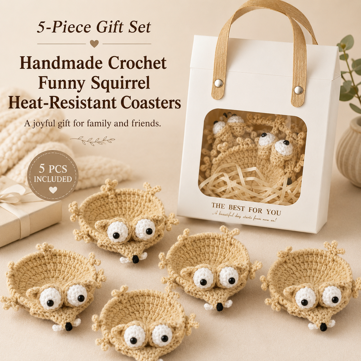 5-piece handmade funny squirrel crochet coaster gift set with gift box
