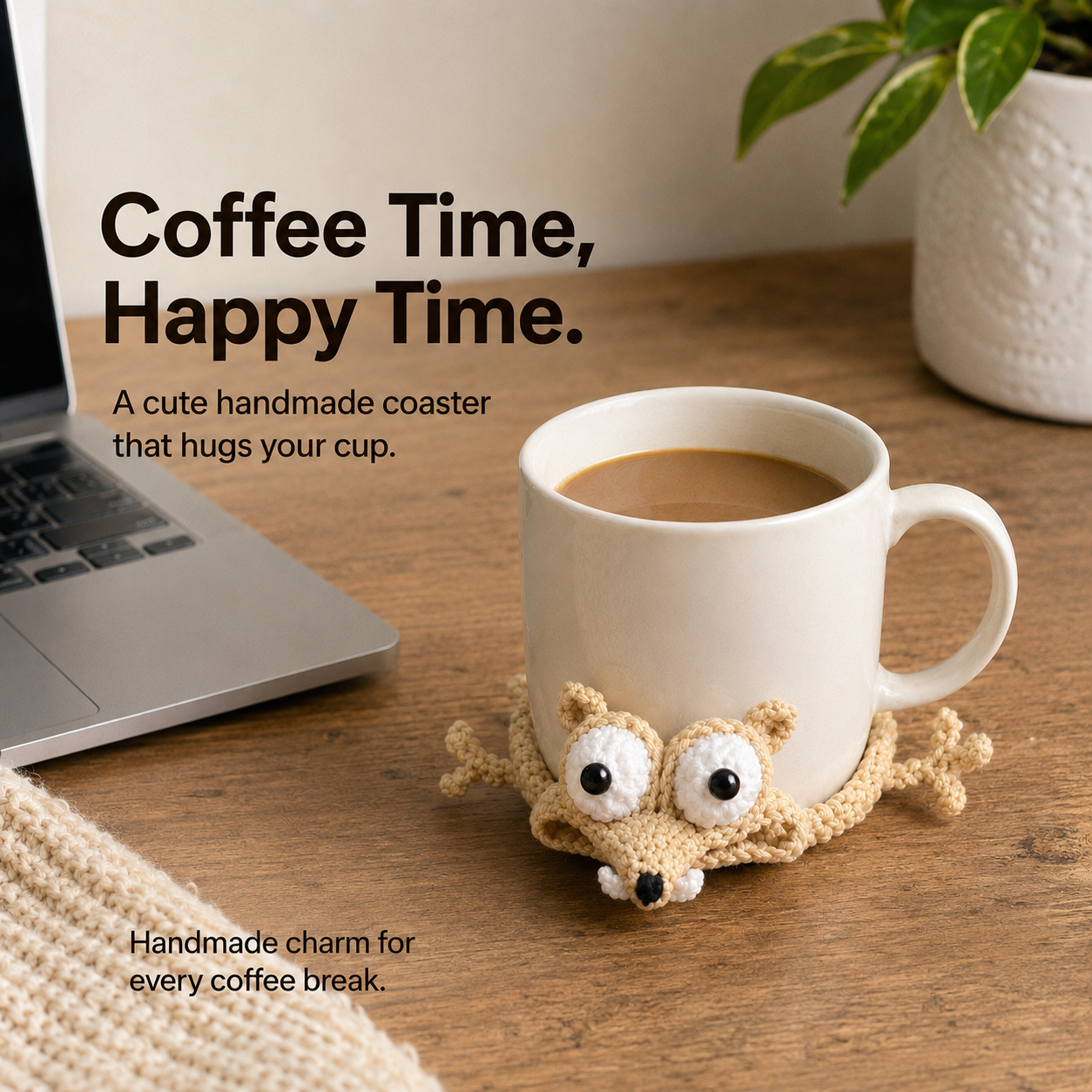 Handmade funny squirrel crochet coaster holding a coffee mug on a wooden desk