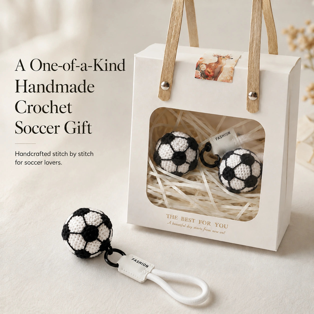 Handmade crochet soccer ball charm in gift packaging for soccer lovers